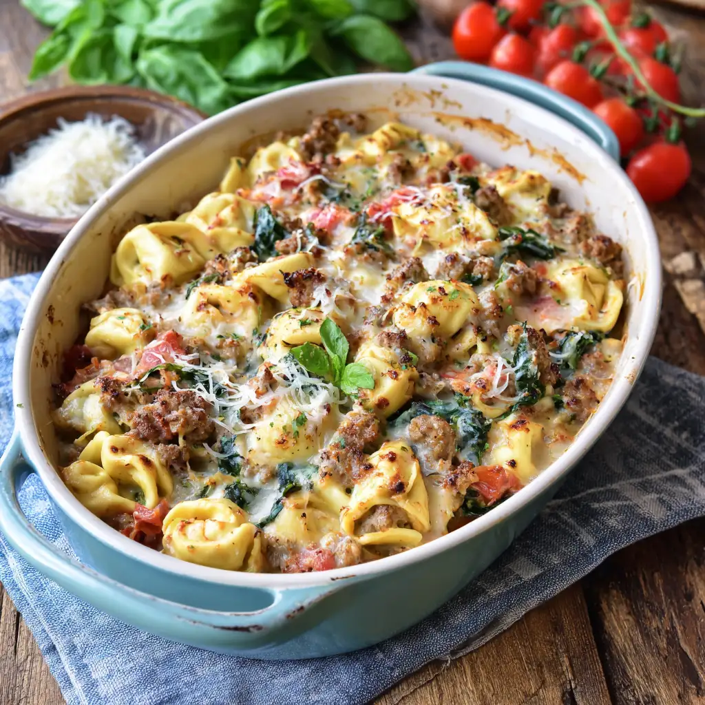 Tuscan Sausage Tortellini Bake