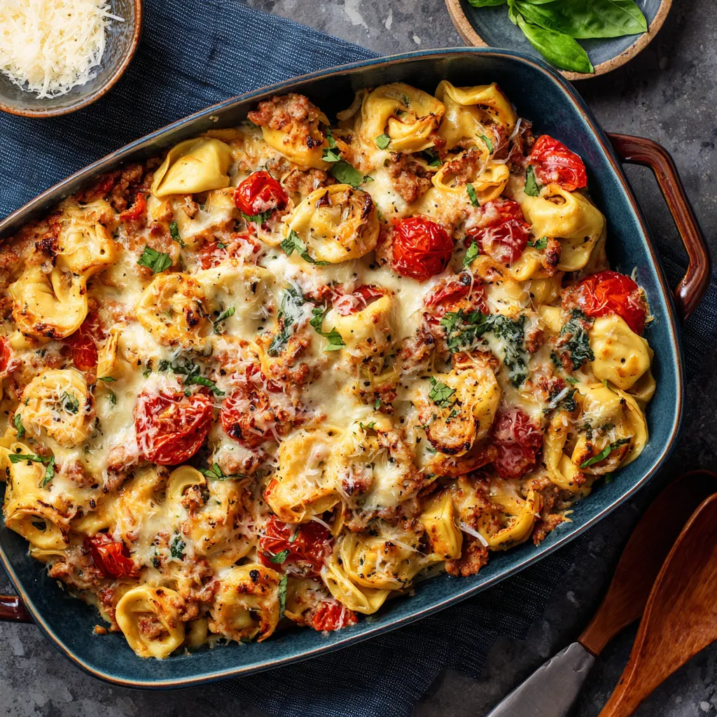 Tuscan Sausage Tortellini Bake