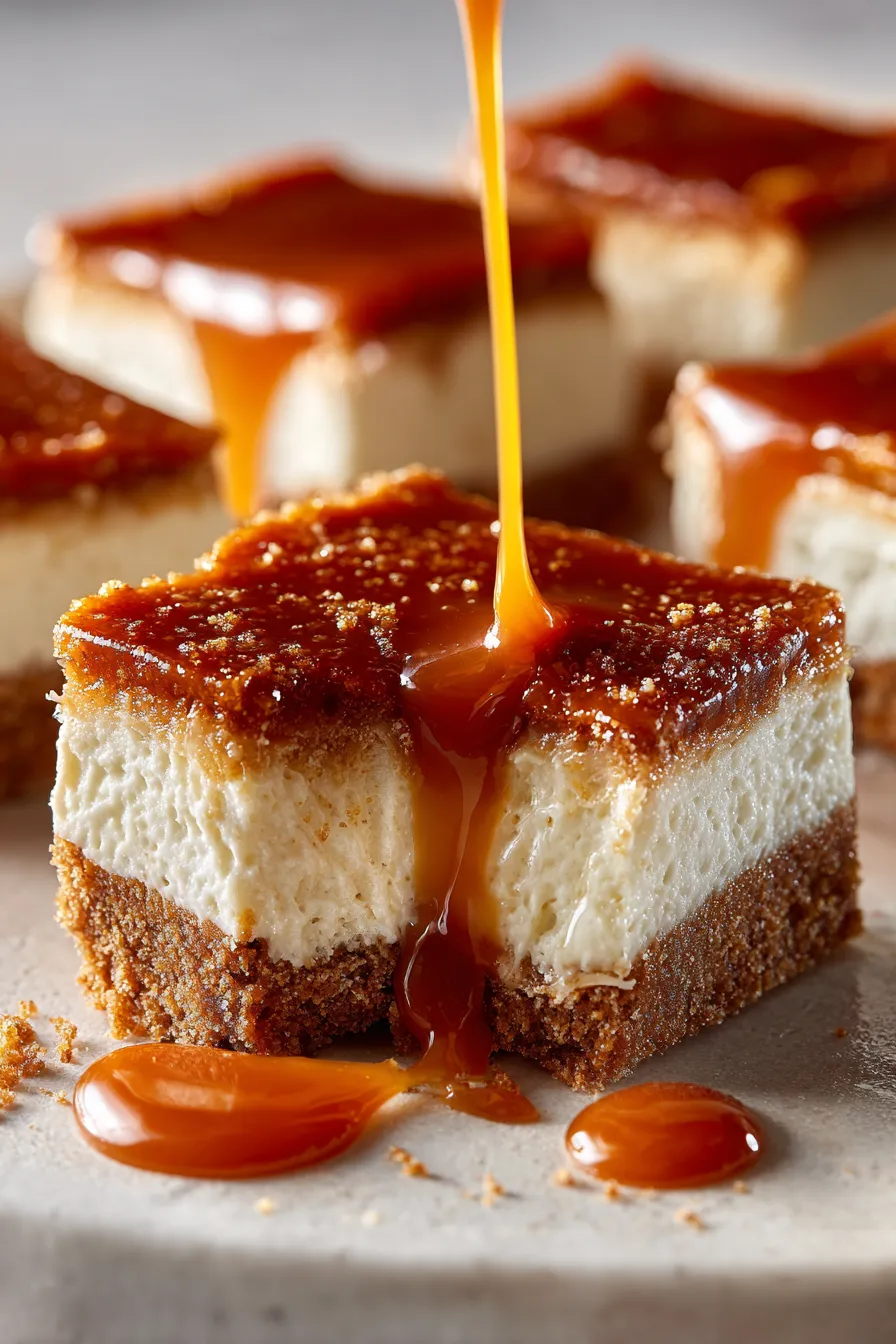 Caramel Vanilla Cheesecake Bars texture closeup