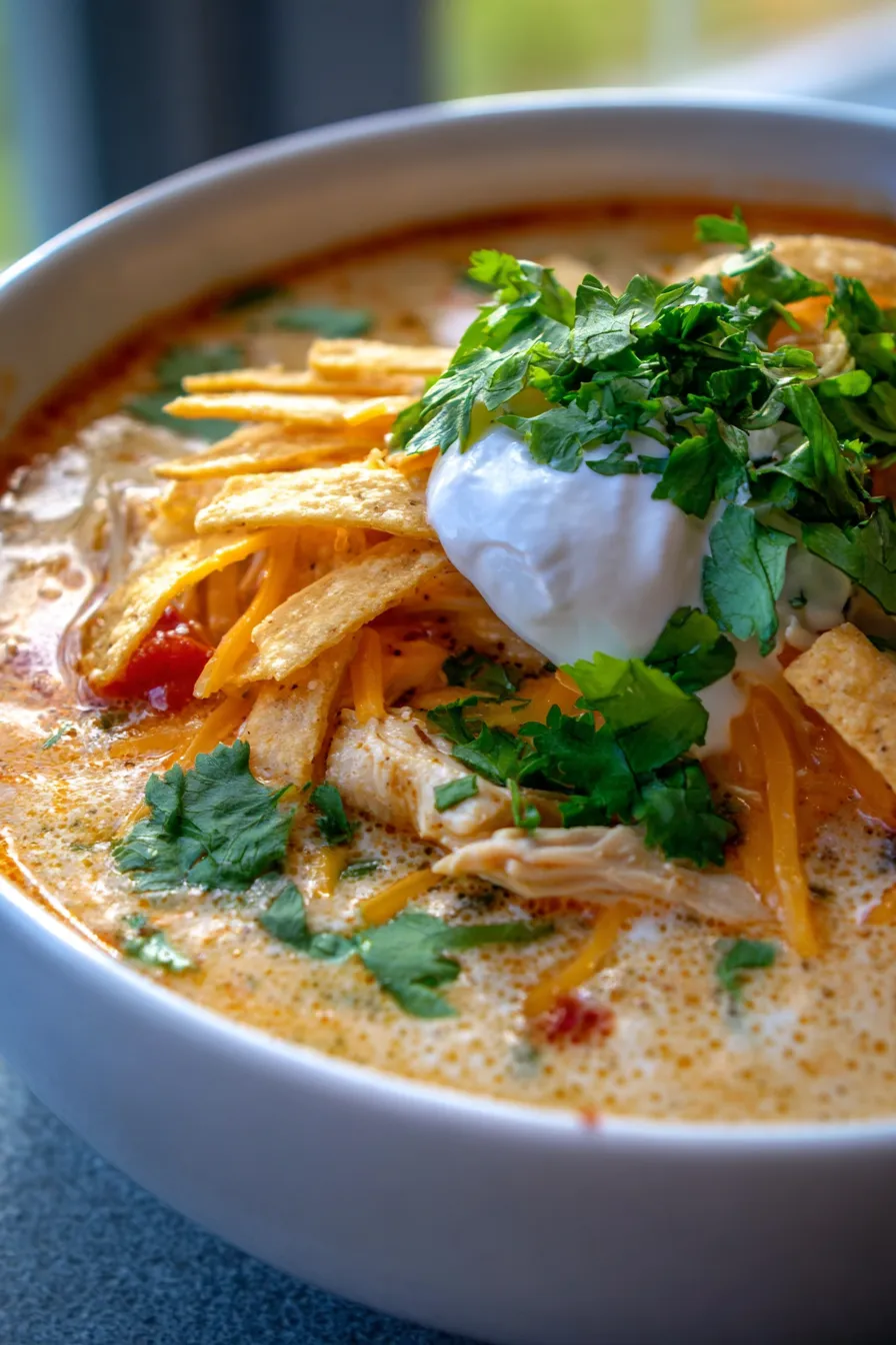 bowl of creamy chicken enchilada soup with toppings