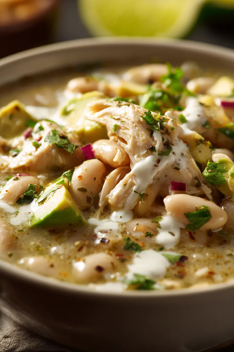bowl of white chicken chili overhead view
