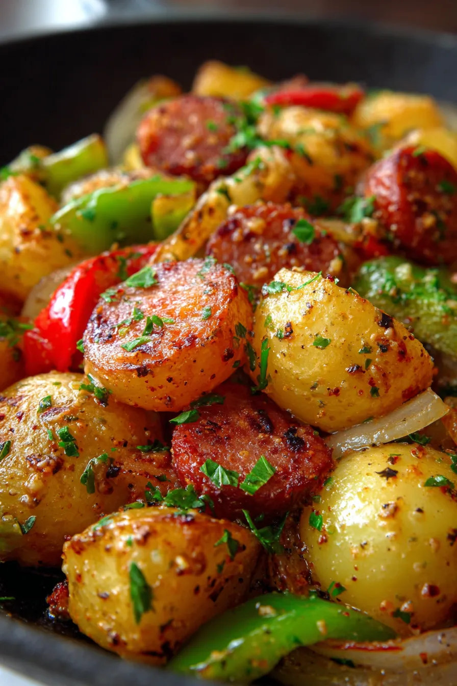 Cheesy Ranch Potatoes Smoked Sausage Skillet - close up texture
