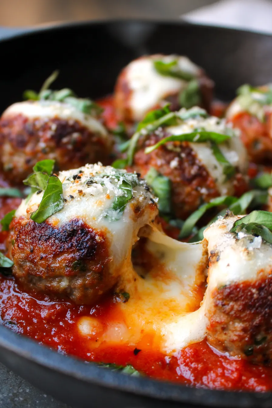 Cheesy Stuffed Meatballs in Marinara-closeup-melty cheese