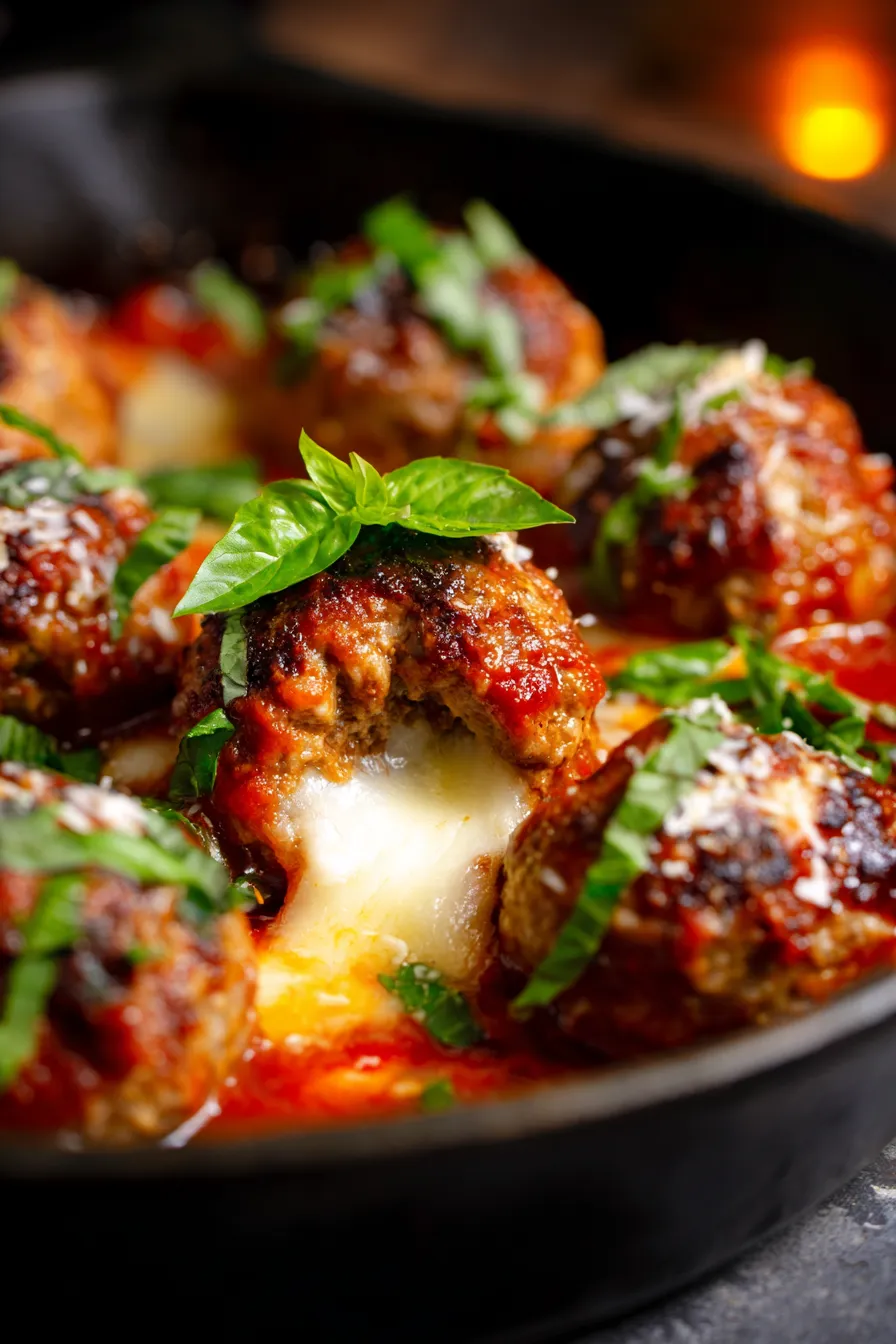 Cheesy Stuffed Meatballs in Marinara-plated-pasta