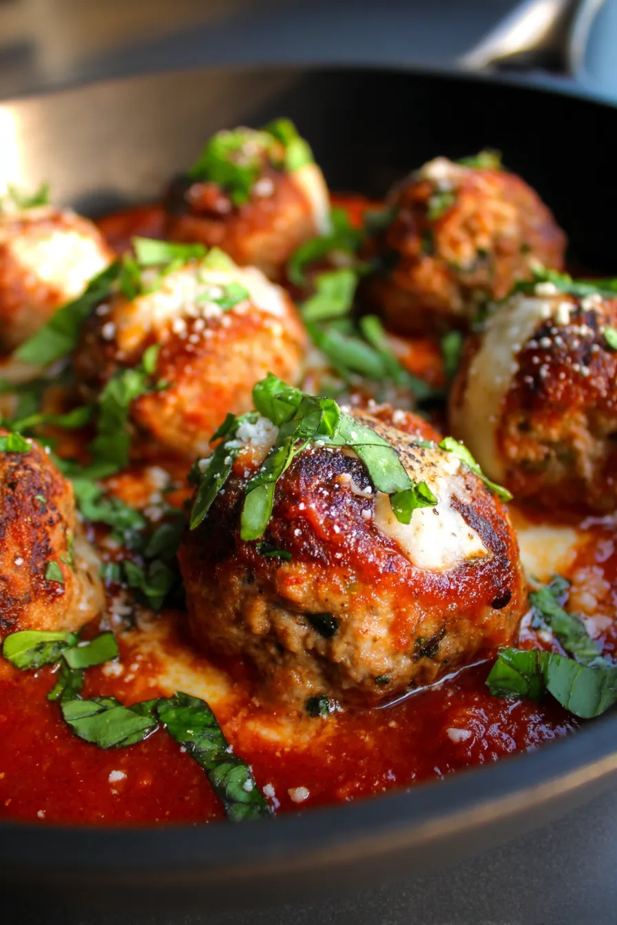 Cheesy Stuffed Meatballs in Marinara-simmering-sauce