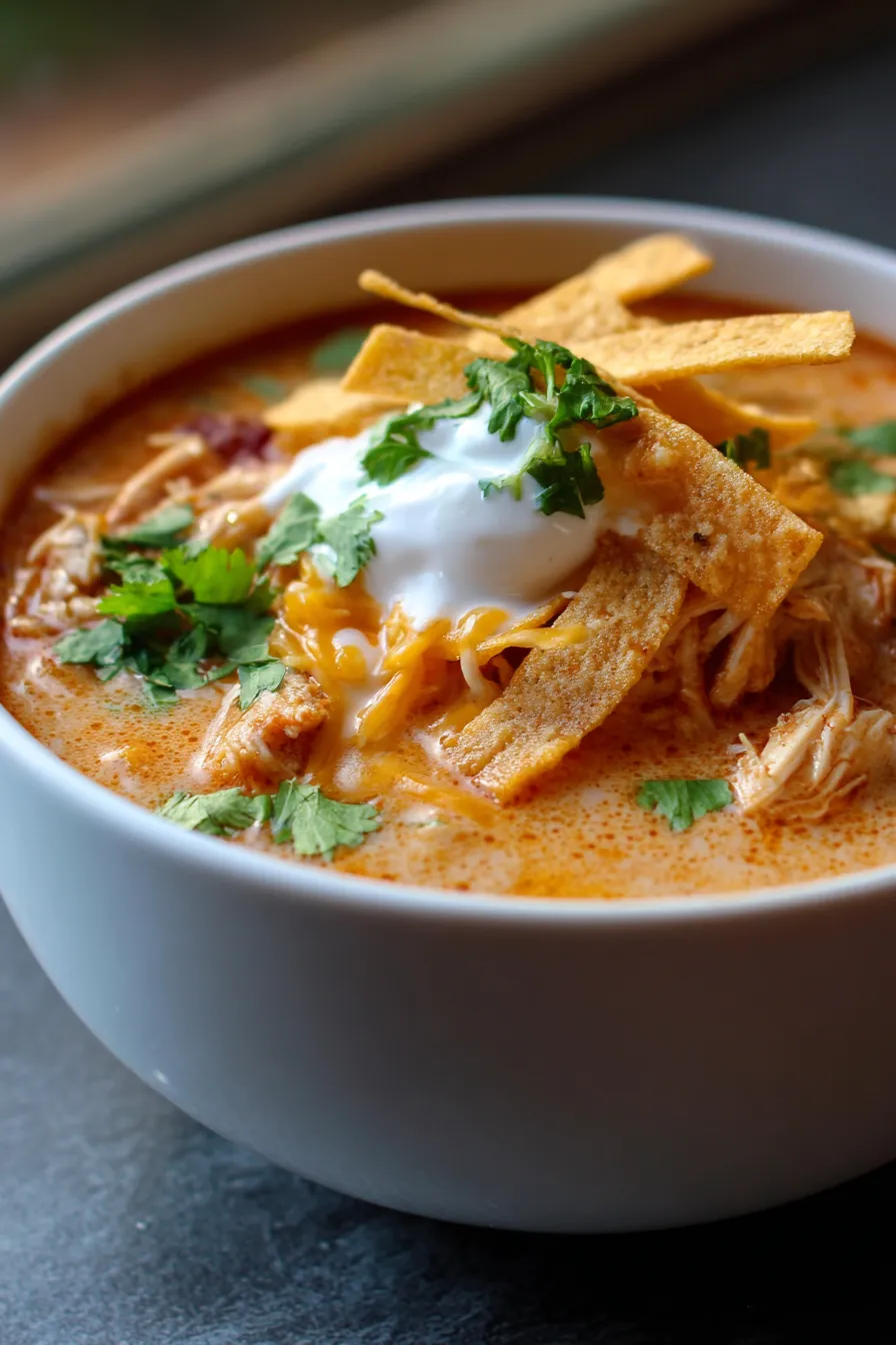 chicken enchilada soup close-up steaming bowl