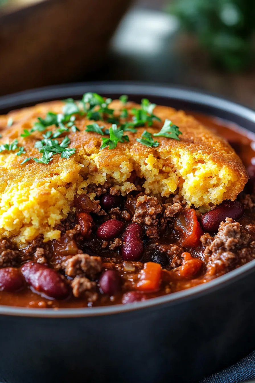 Chili con Cornbread Topping-serving-warm