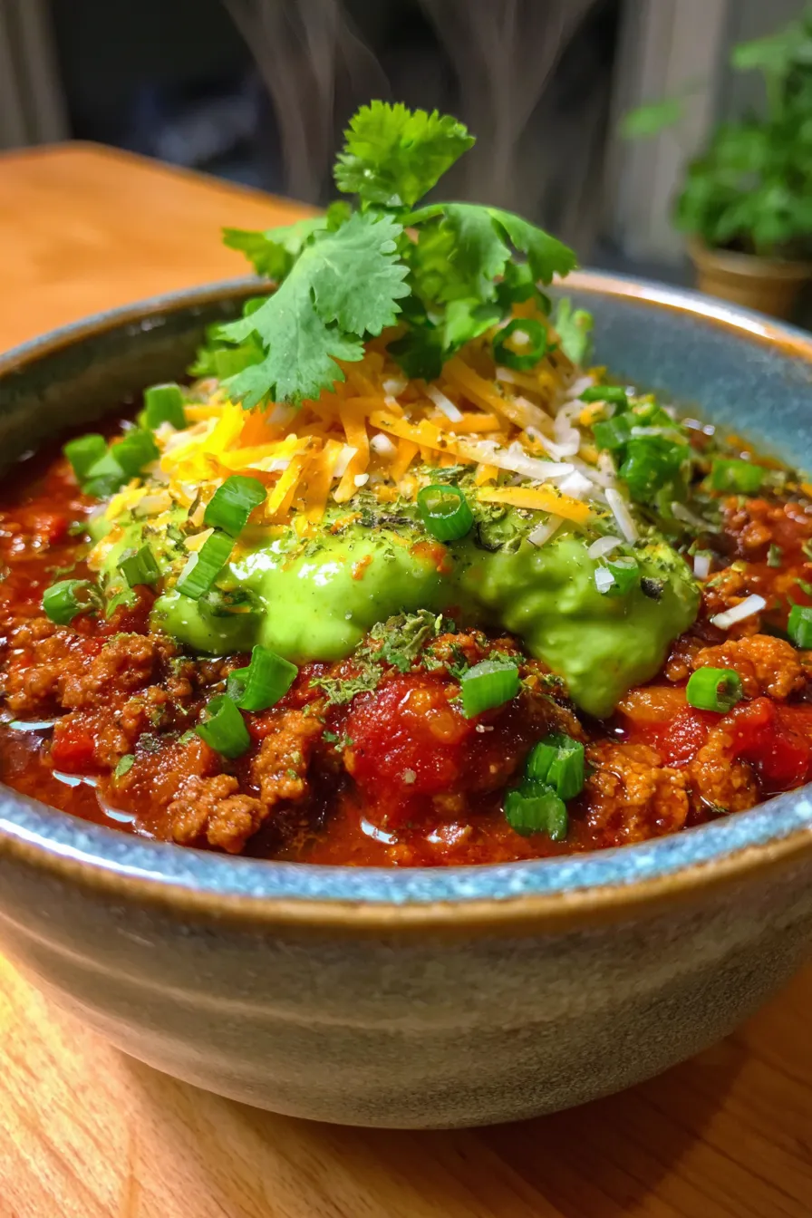 Chili with Avocado Cream Drizzle - serving bowl