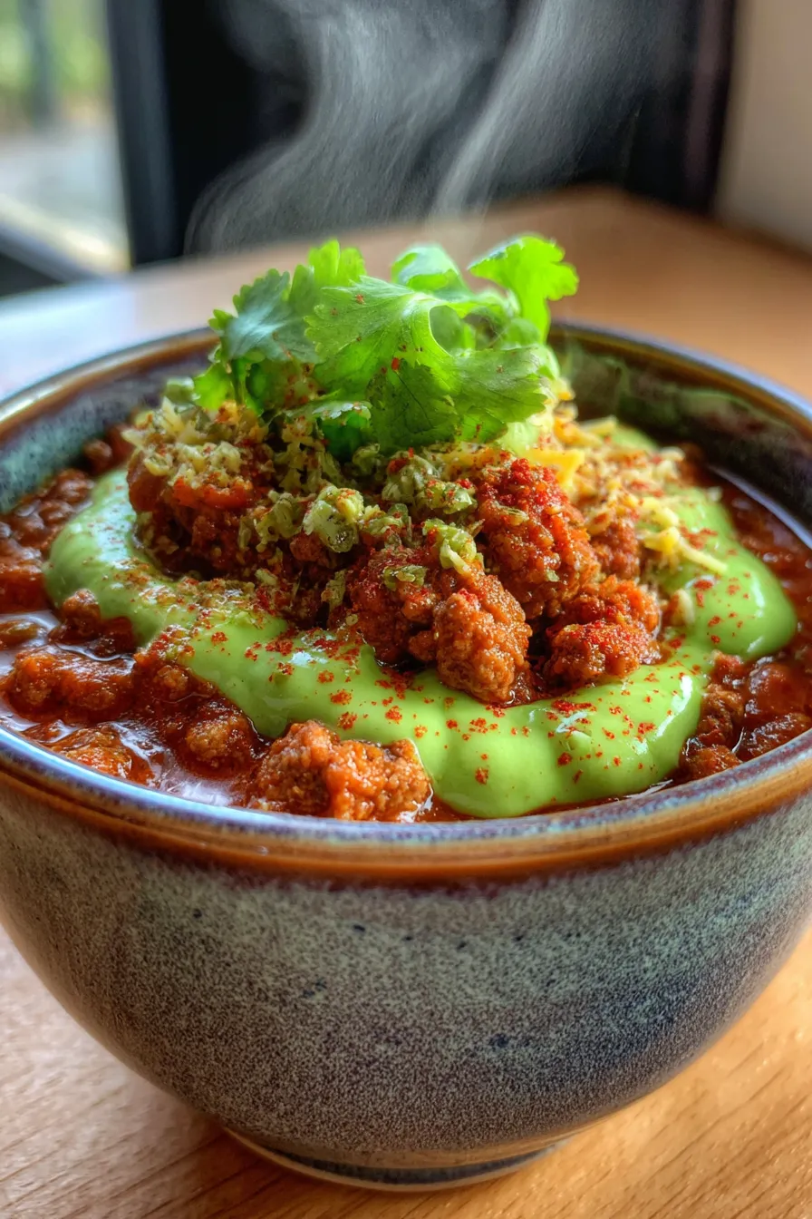 Chili with Avocado Cream Drizzle - texture close-up
