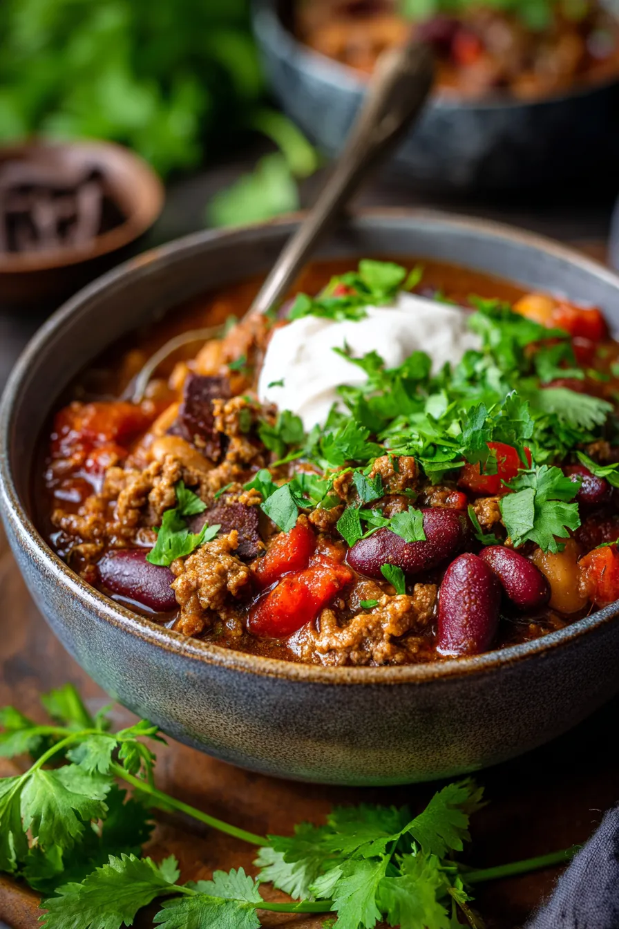 Chipotle Chocolate Chili - garnished - comforting