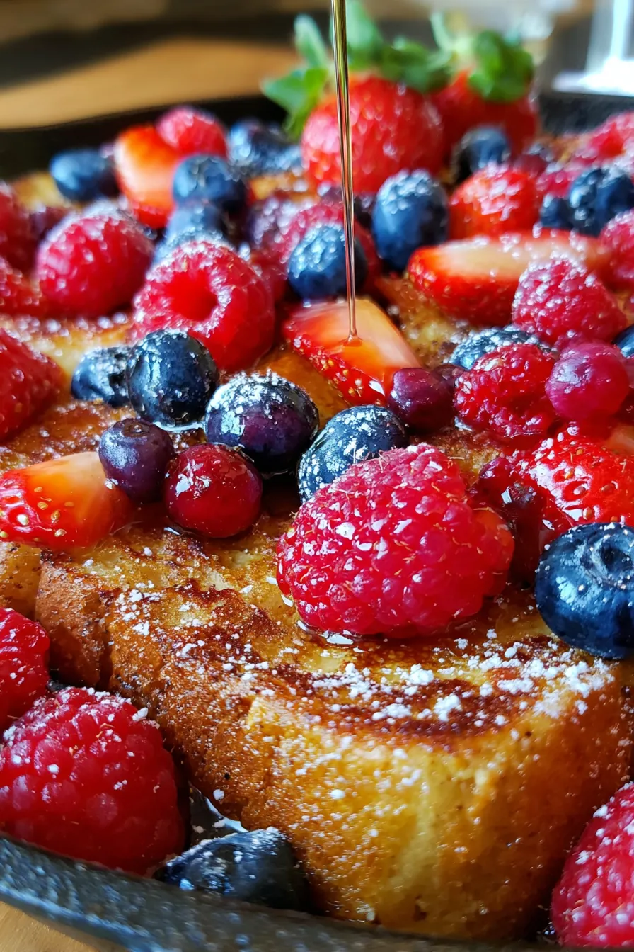 Closeup of custardy Triple Berry French Toast texture