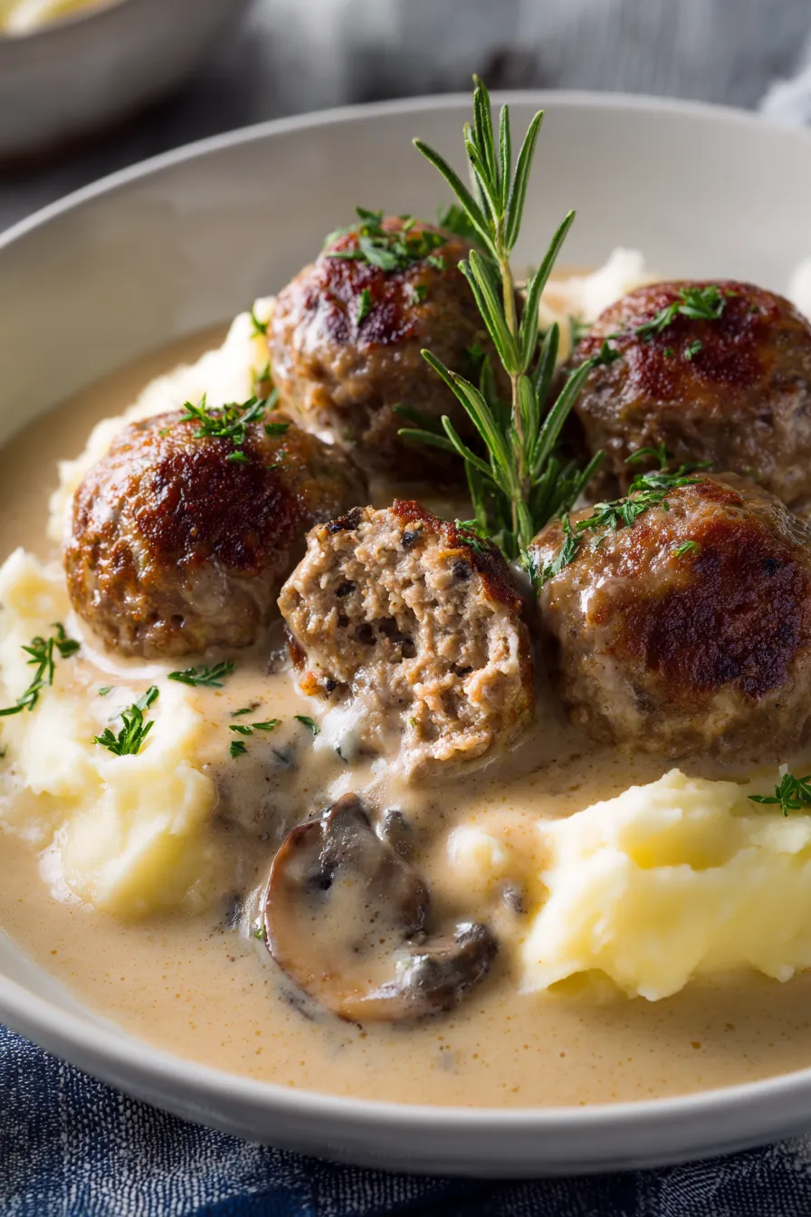 Creamy Mushroom Meatballs overhead shot