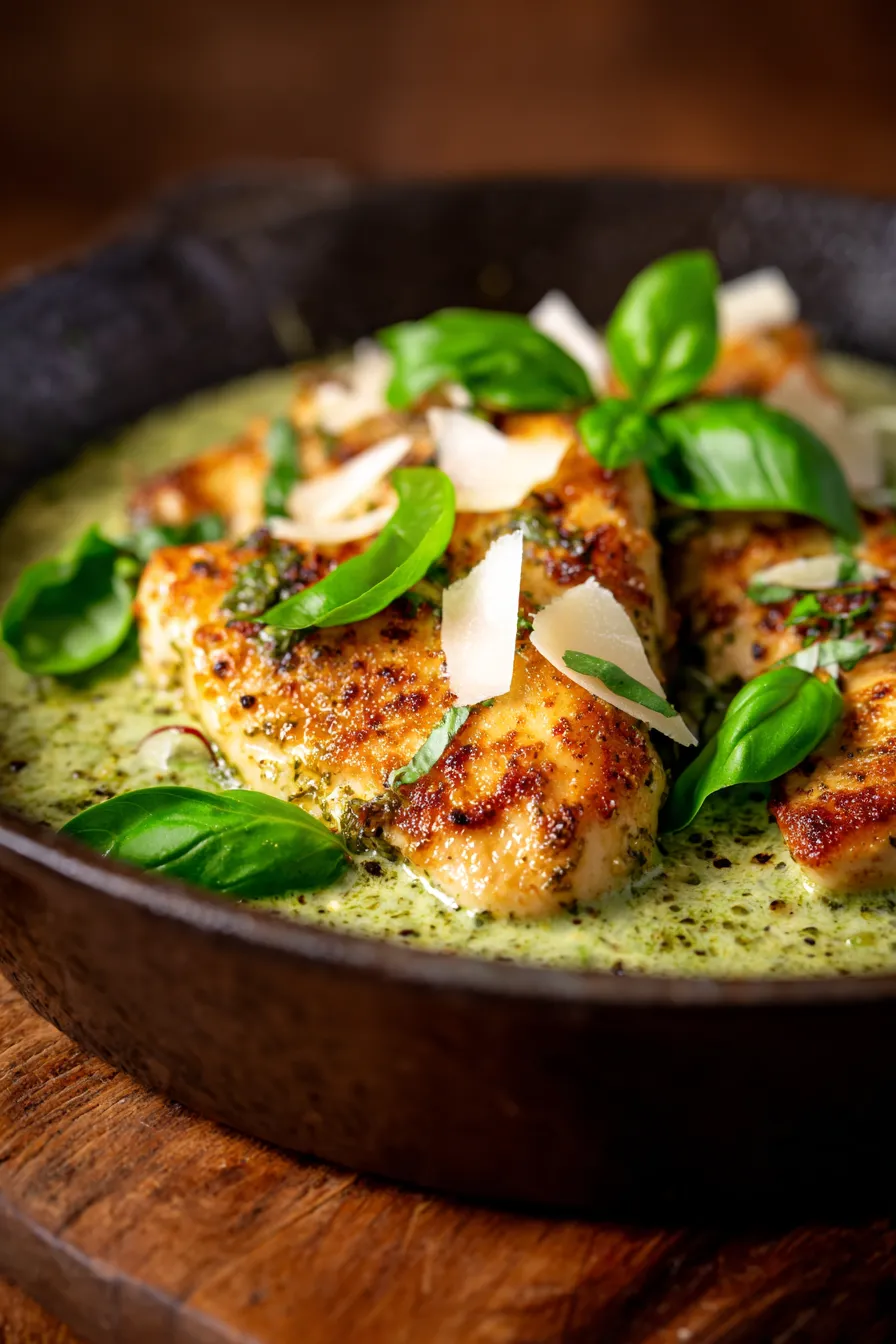 Creamy Pesto Chicken Skillet-serving-closeup