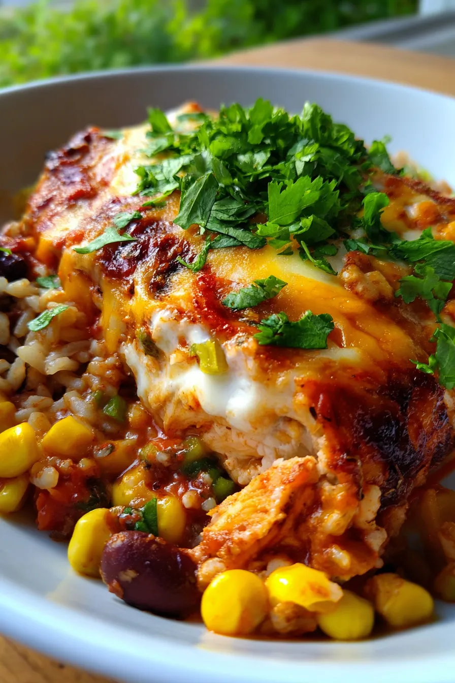 Easy Chicken Burrito Casserole (One Pan)-sliced-serving