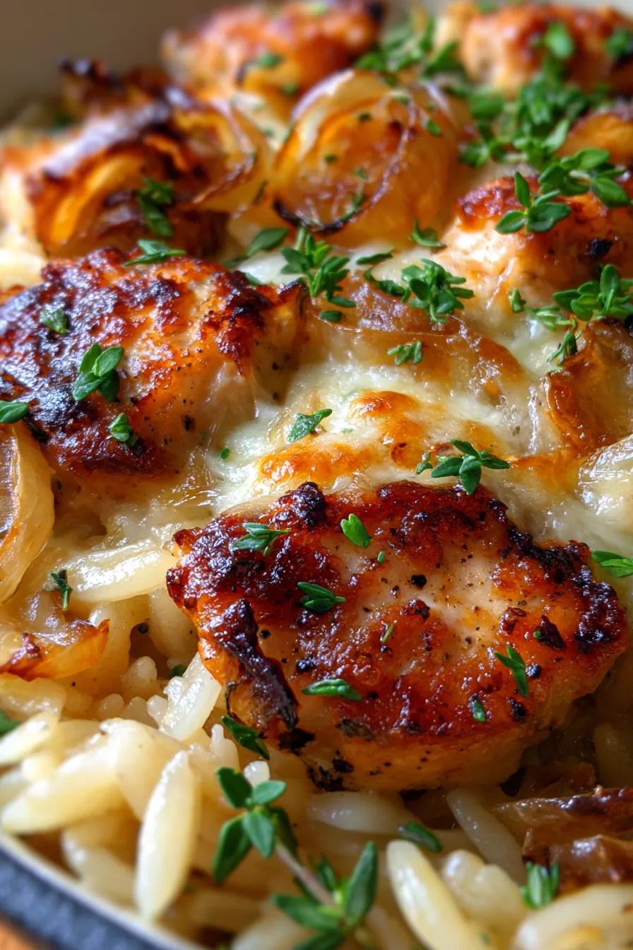 French Onion Chicken Orzo Casserole-golden-brown-crust