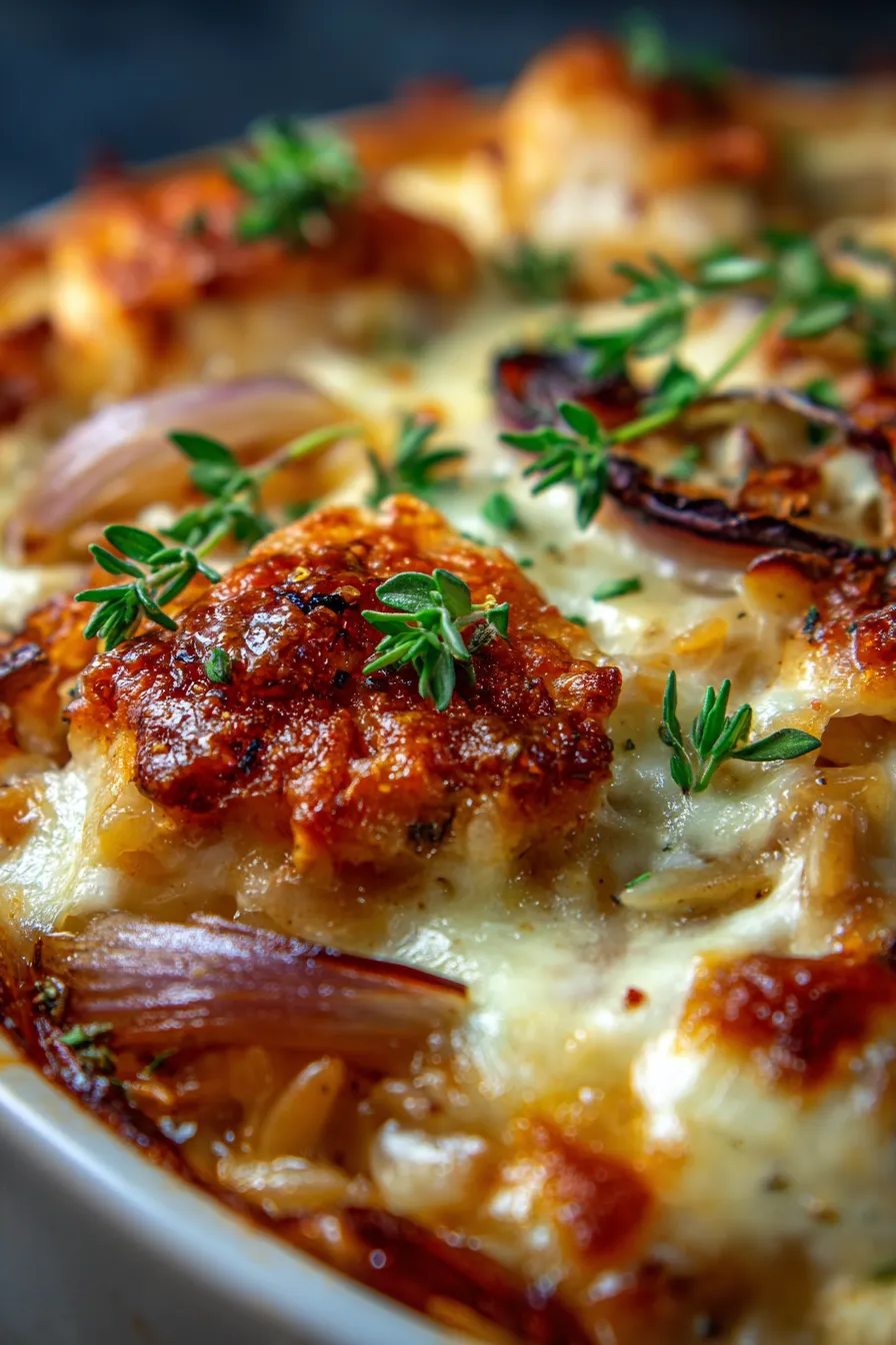 French Onion Chicken Orzo Casserole-overhead-serving-spoon