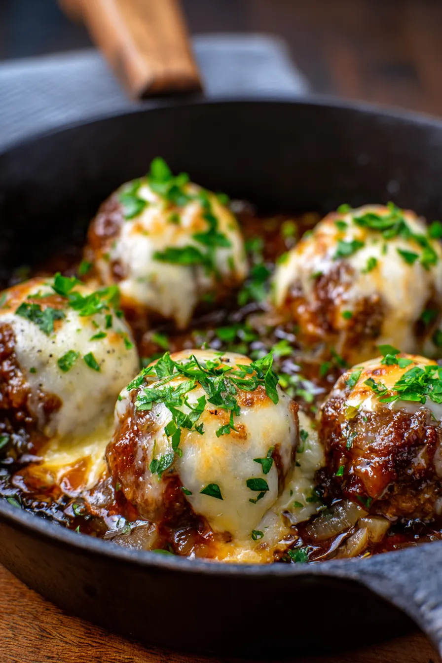 French Onion Meatballs in Savory Beefy Sauce-texture-closeup-melted-cheese