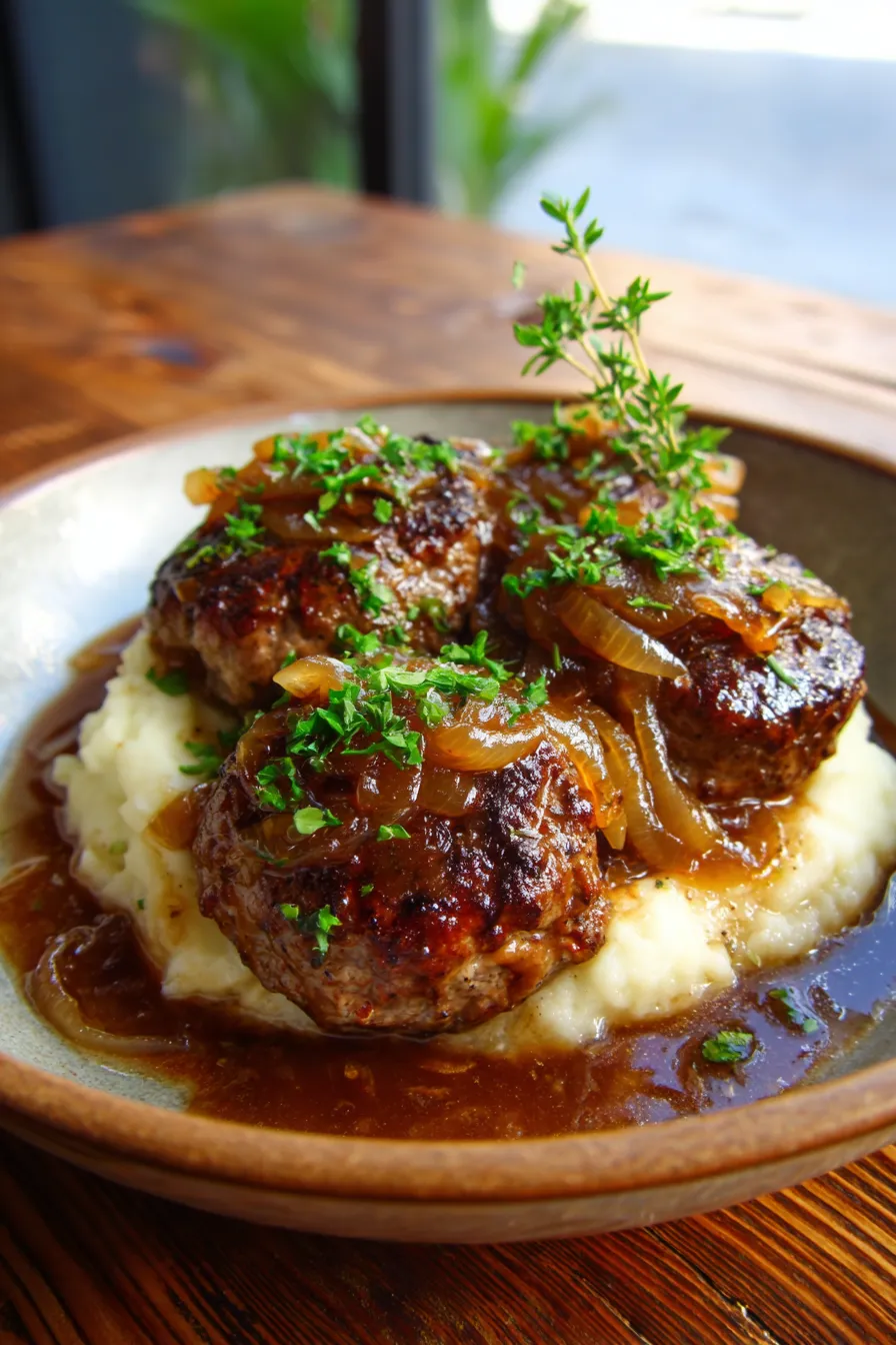 French Onion Salisbury Steak with Rich Onion Gravy-patties-searing-gravy-closeup