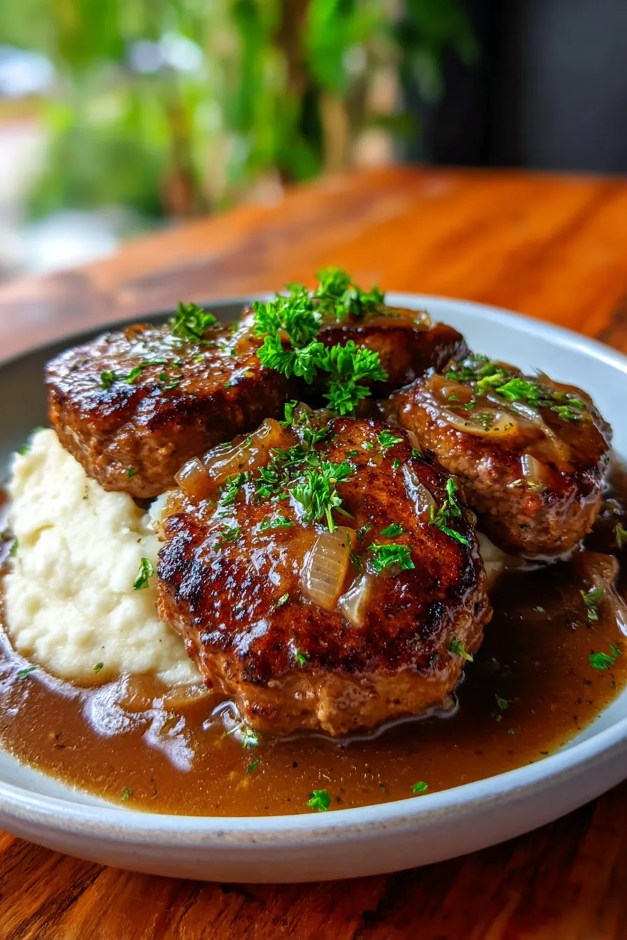 French Onion Salisbury Steak with Rich Onion Gravy-plated-with-mashed-potatoes-top-down