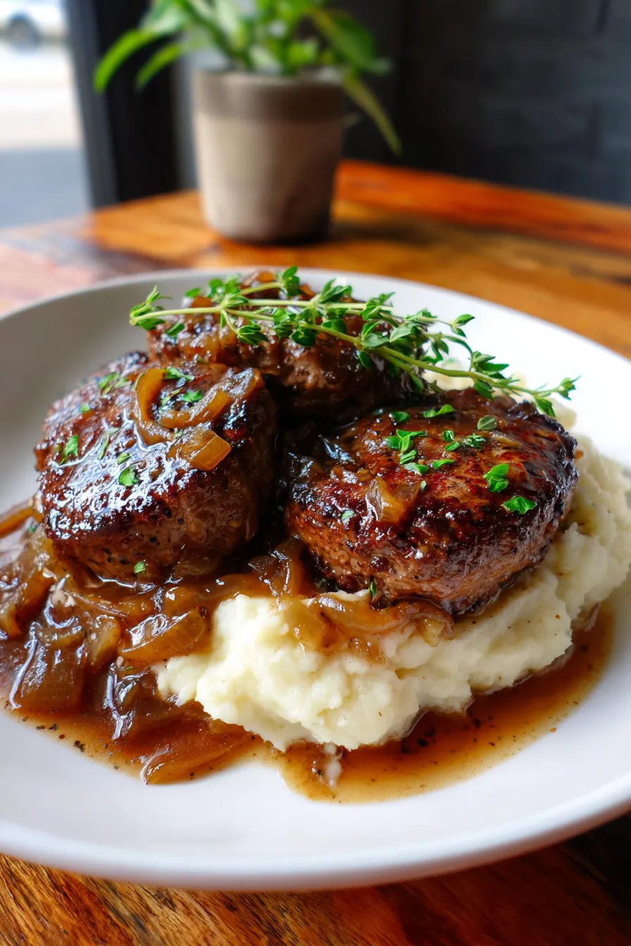French Onion Salisbury Steak with Rich Onion Gravy-texture-detail-gravy-drizzle