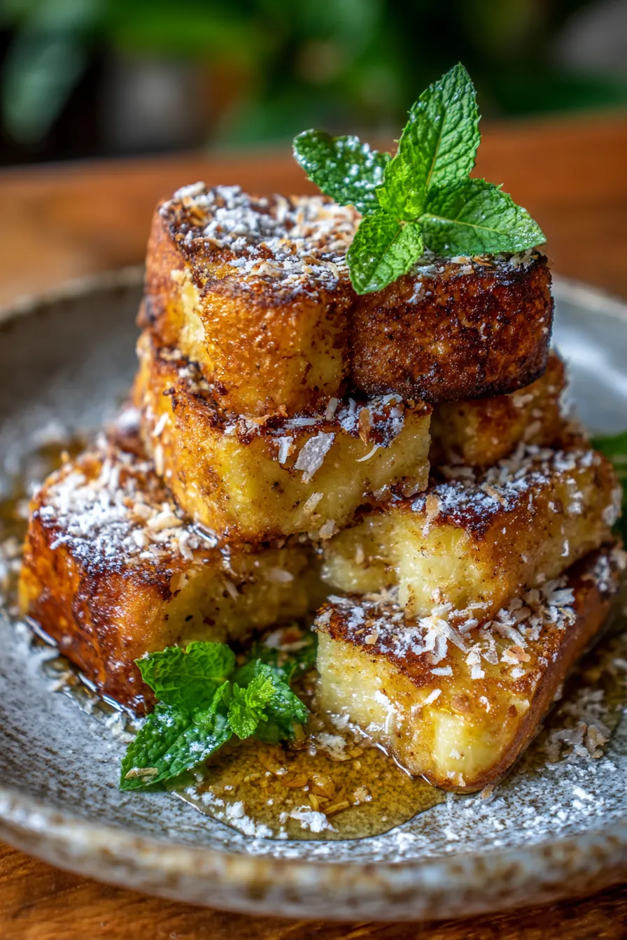 French Toast with Pineapple & Toasted Coconut-stack-syrup