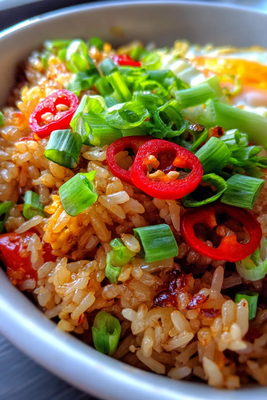Fried Rice, with vibrant red chili and green onion garnish