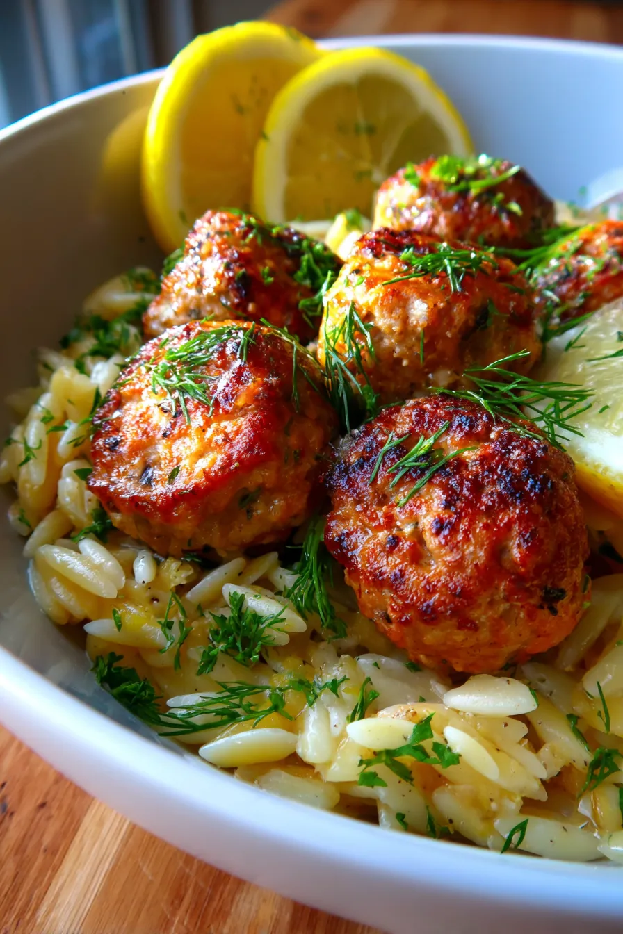 Greek Lemon Meatballs with Orzo-close up texture