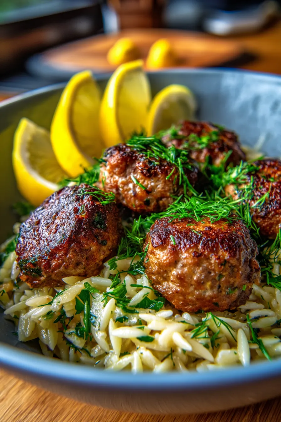 Greek Lemon Meatballs with Orzo-garnished serving