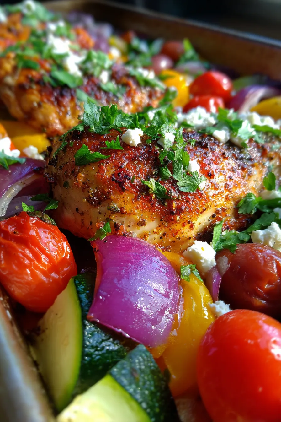 Greek Sheet Pan Chicken with Roasted Vegetables - closeup, golden chicken, feta