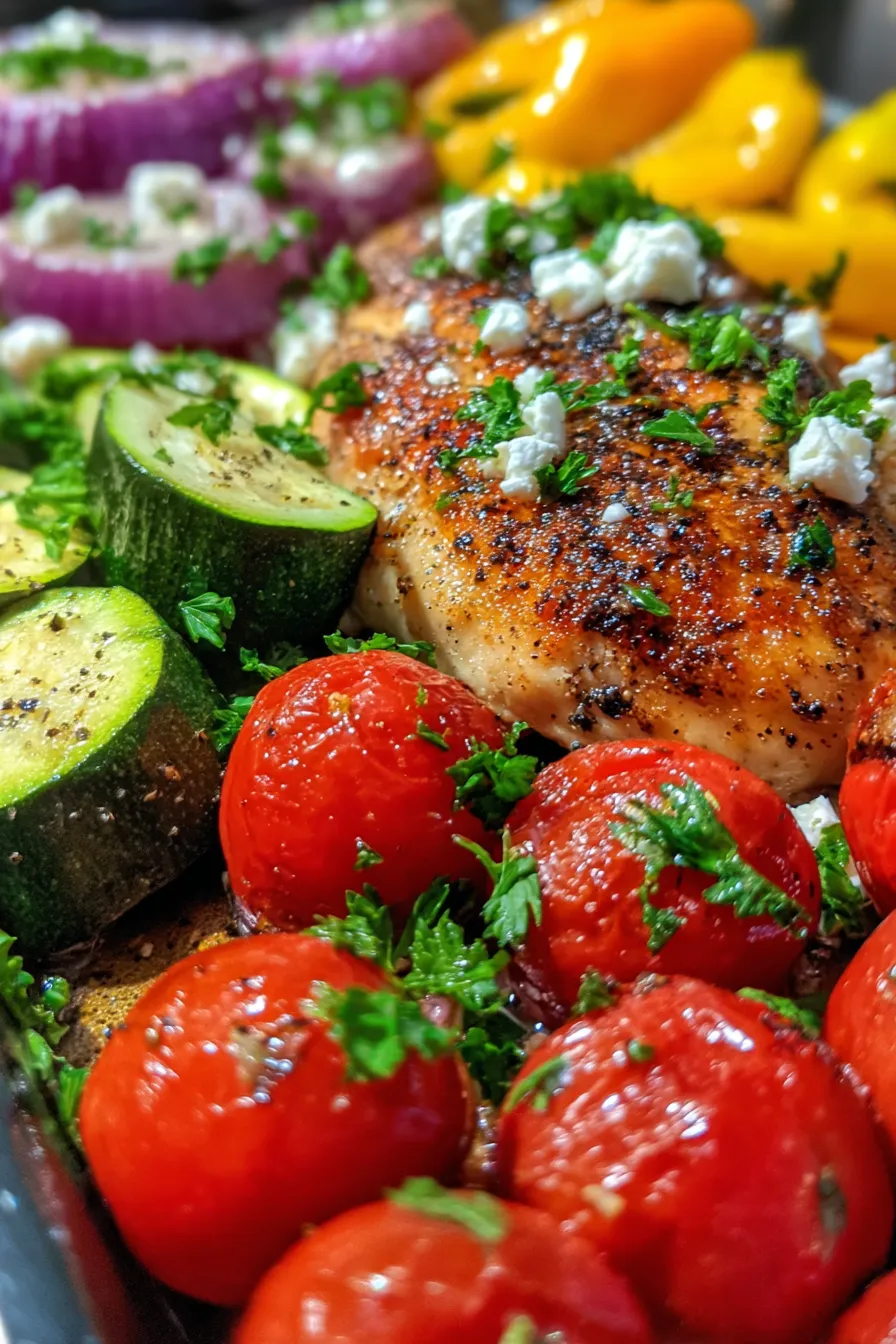 Greek Sheet Pan Chicken with Roasted Vegetables - finished dish, serving platter