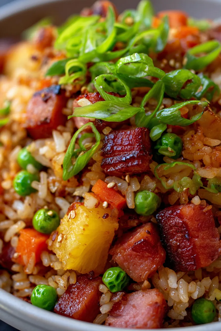 Hawaiian Ham Fried Rice - texture closeup - garnished