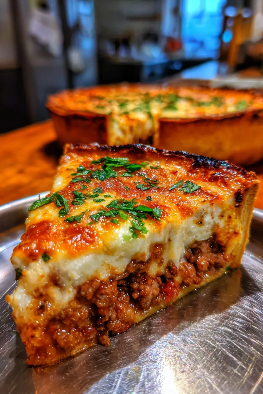 Italian Beef and Sausage Pie-slice-filling-closeup