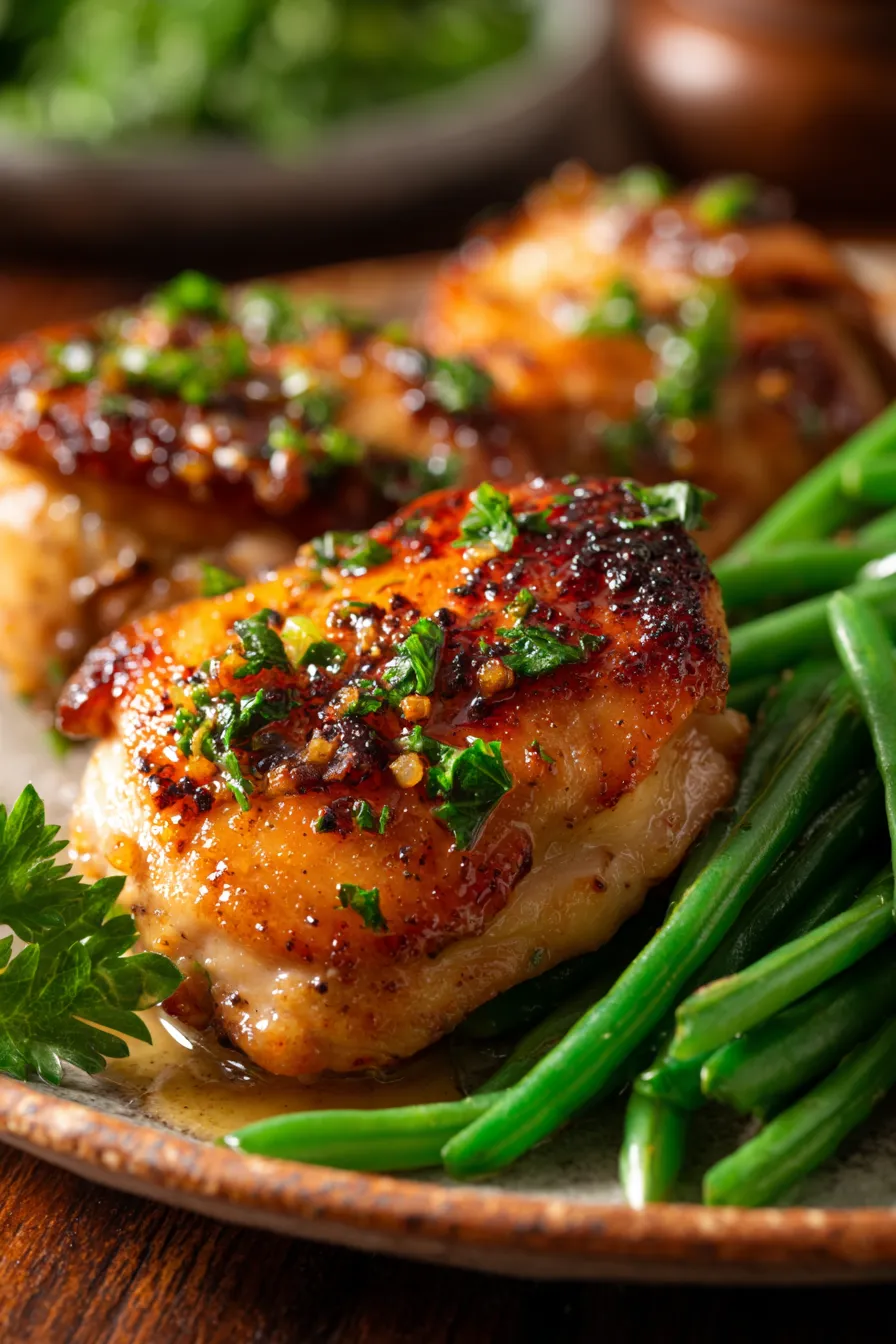 Lemon Garlic Butter Chicken Thighs with Green Beans-closeup-crispy skin