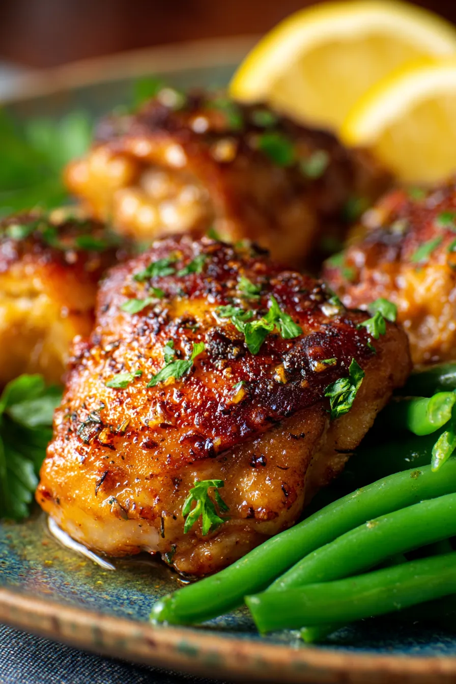 Lemon Garlic Butter Chicken Thighs with Green Beans-plated-vibrant