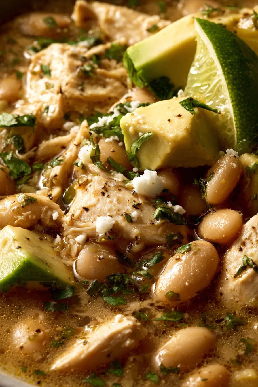 lime slices and avocado on chili bowl