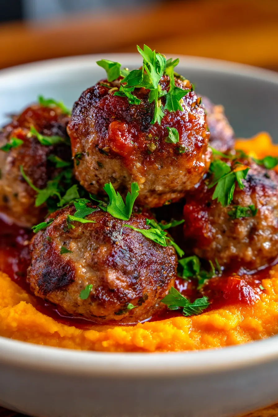 Meatballs Sweet Potato Mash closeup texture
