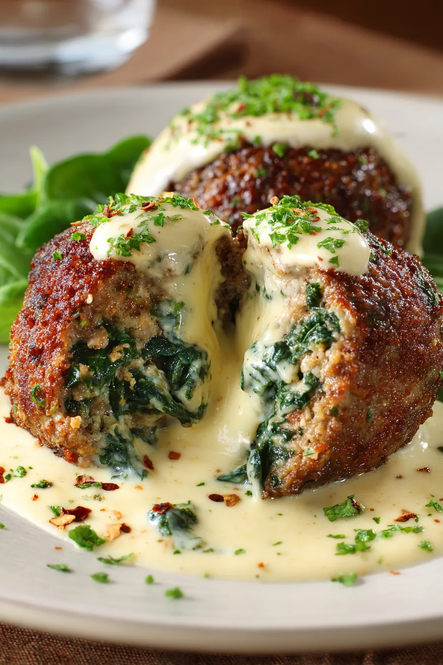 Meatballs with Creamy Spinach Parmesan on pasta