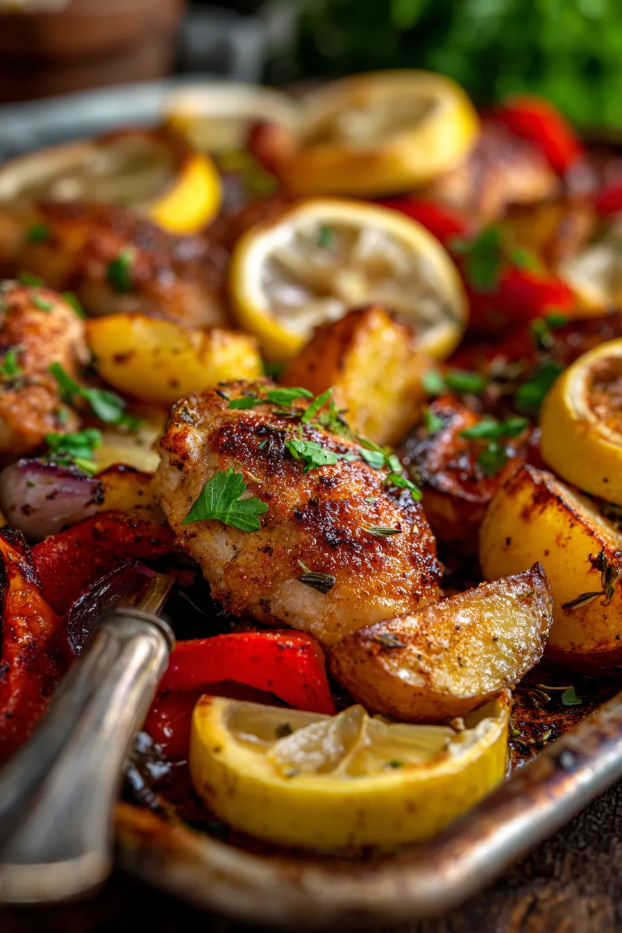 mediterranean sheet pan meal-lemon herbs-golden brown