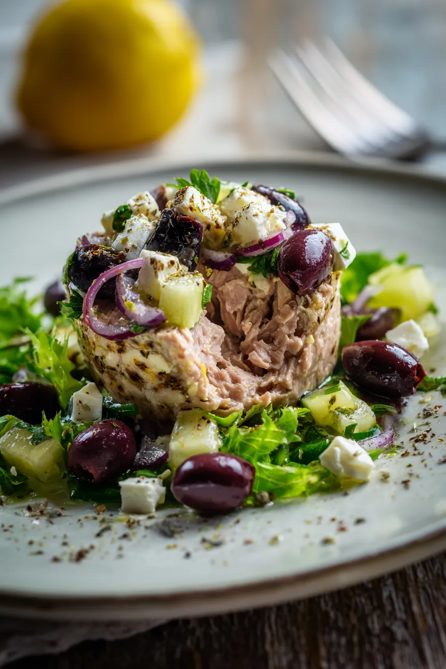 Mediterranean Tuna Salad with Olives Feta bowl wide shot