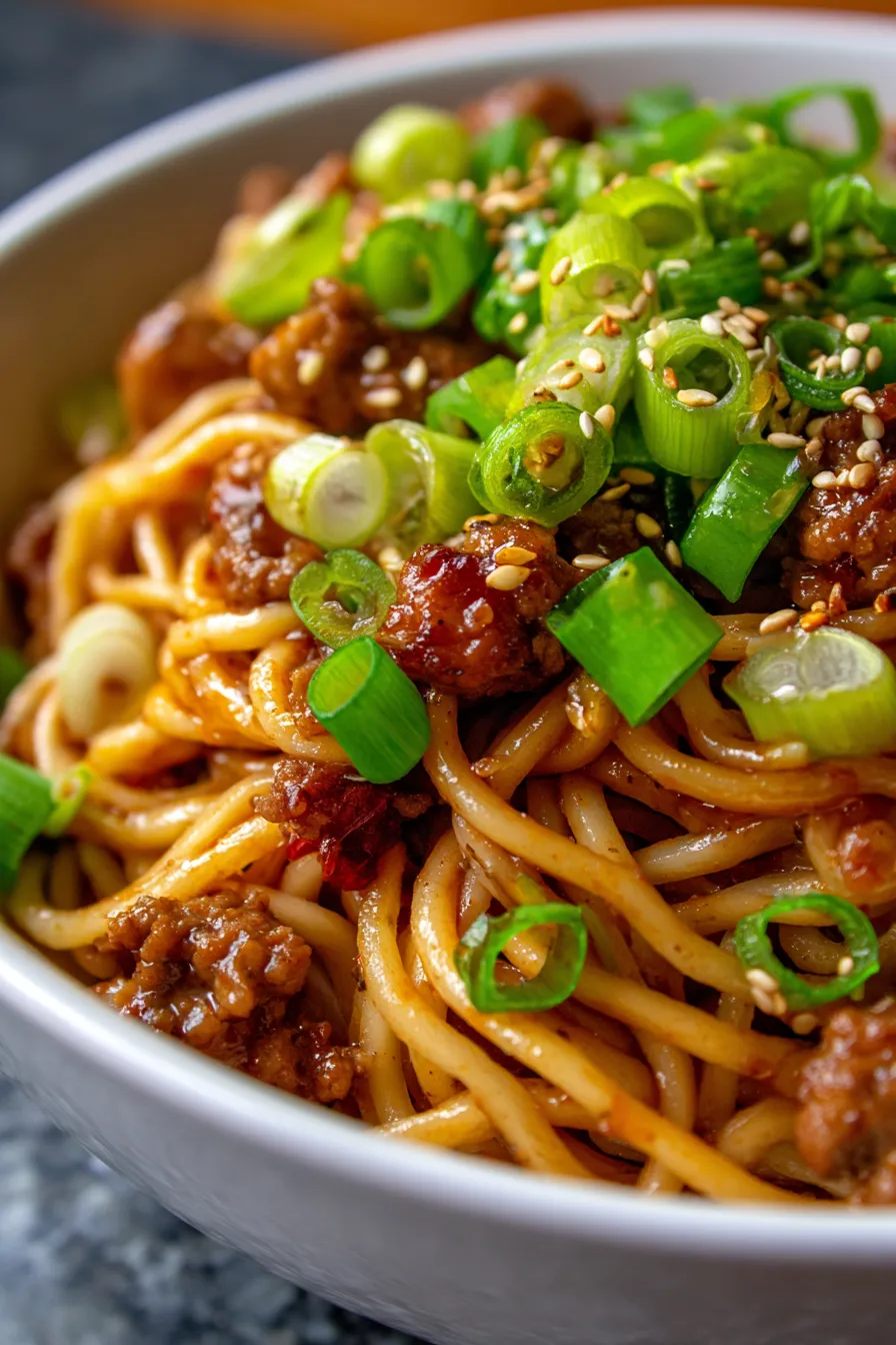Mongolian Ground Beef Noodles-serving-spoonful