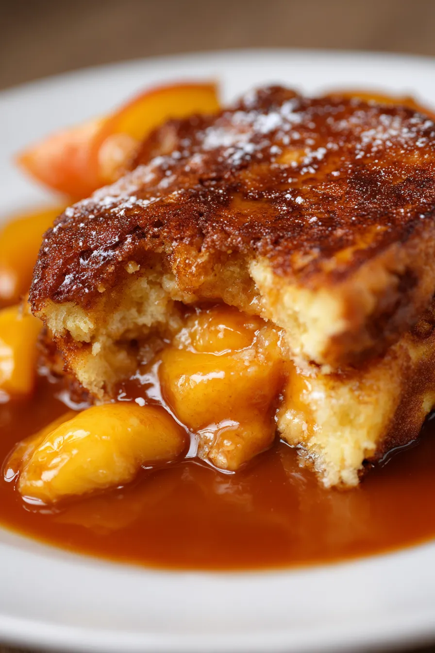 Peach Cobbler French Toast overhead syrup drizzle