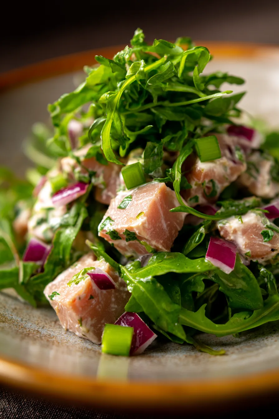 Peppery Arugula Tuna Salad - ingredients prepped - rustic wooden board