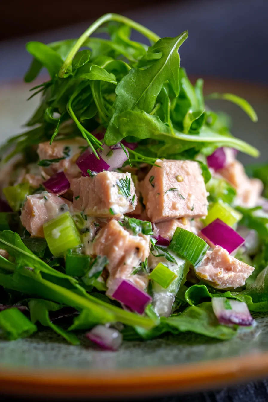 Peppery Arugula Tuna Salad - served in lettuce cups - close up - bright light