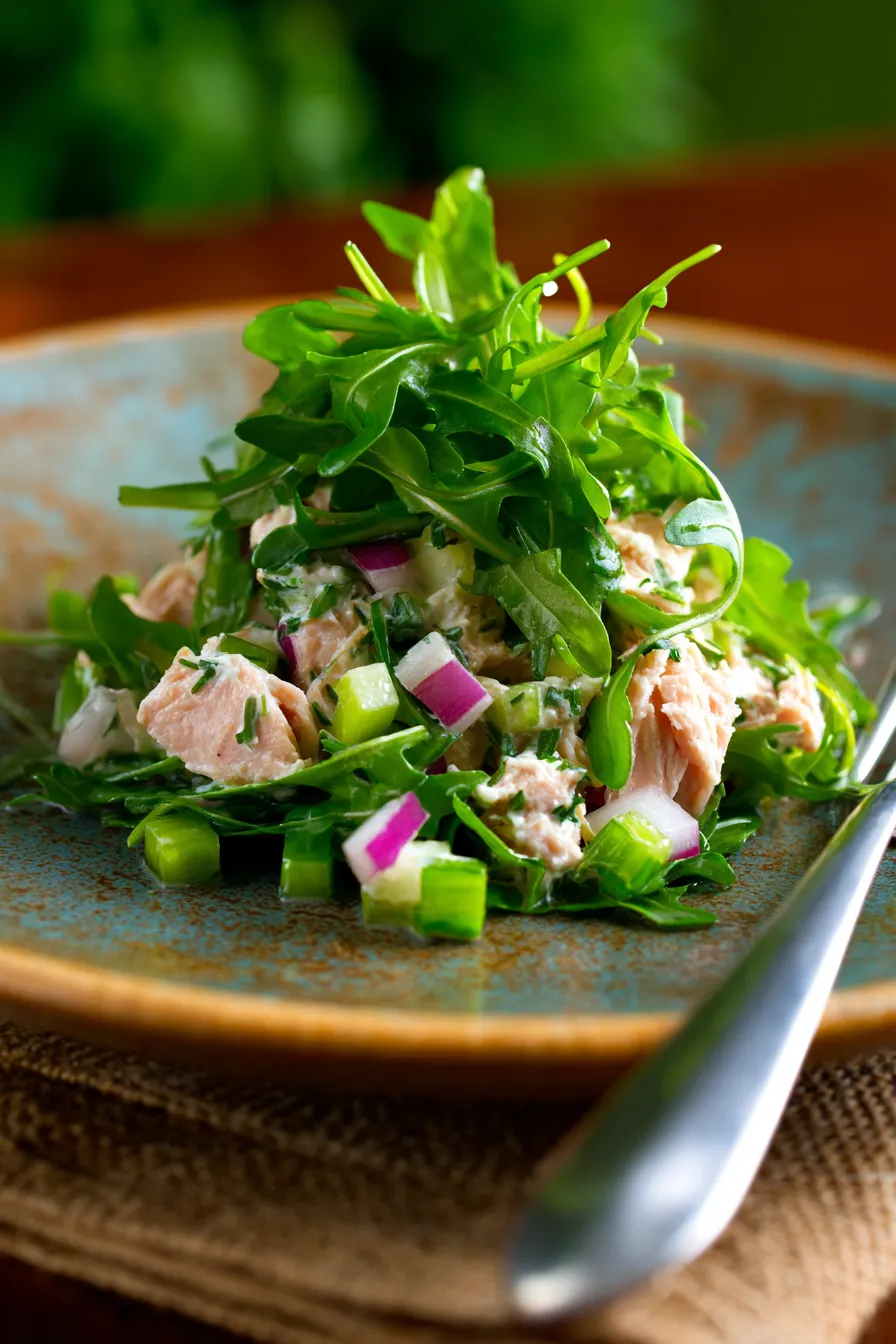 Peppery Arugula Tuna Salad - texture - fork scooping - macro shot