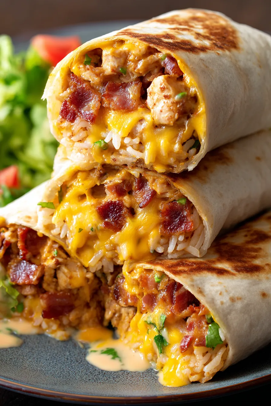 Plated Burritos stacked with melted cheese