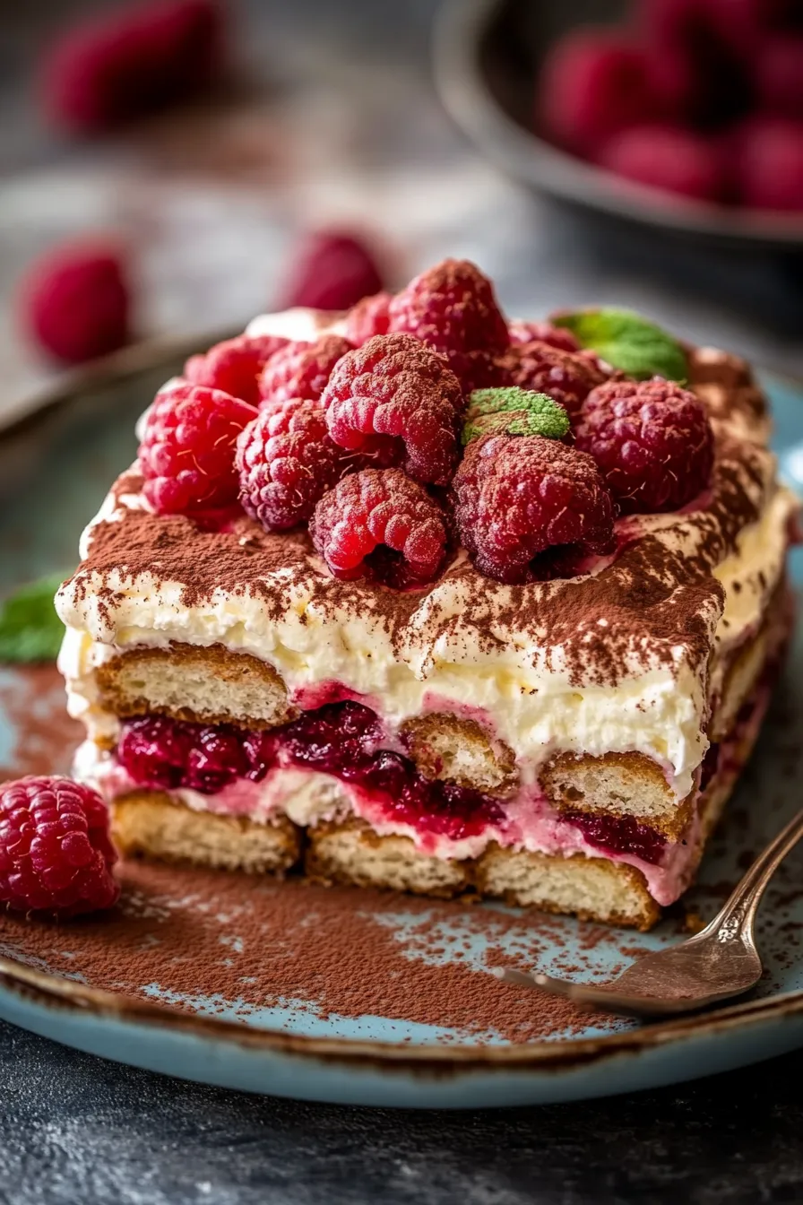 Raspberry Tiramisu with Vanilla Cream-slice-serving