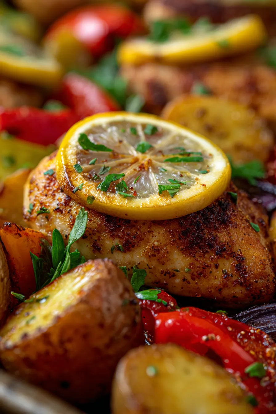 roasted chicken potatoes bell pepper-closeup-caramelized