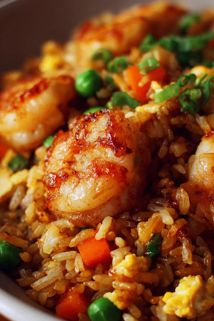 Shrimp fried rice overhead skillet view