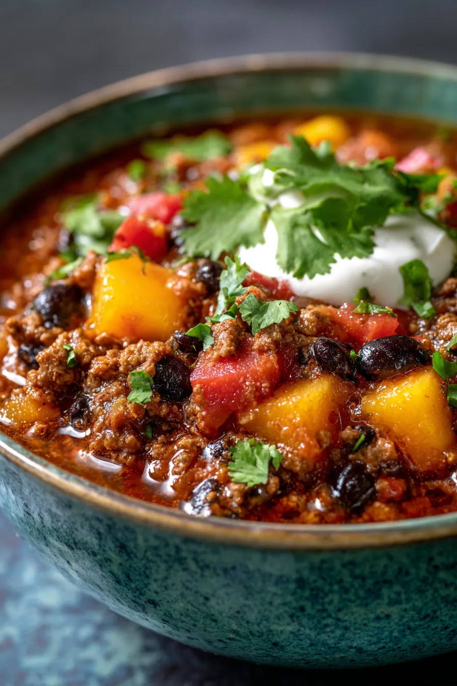 Spicy Peach Salsa Chili-serving-garnished