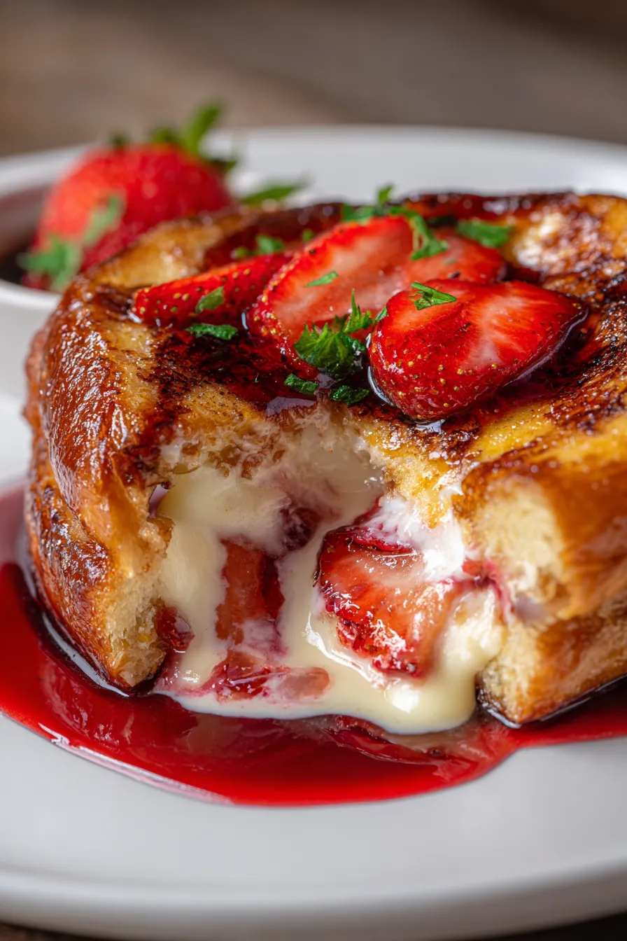 Strawberry Cheesecake French Toast plated drizzle
